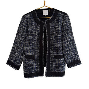 Misook Collection Petite Navy Blue Tweed Knit Blazer Jacket With Border Trim PL
